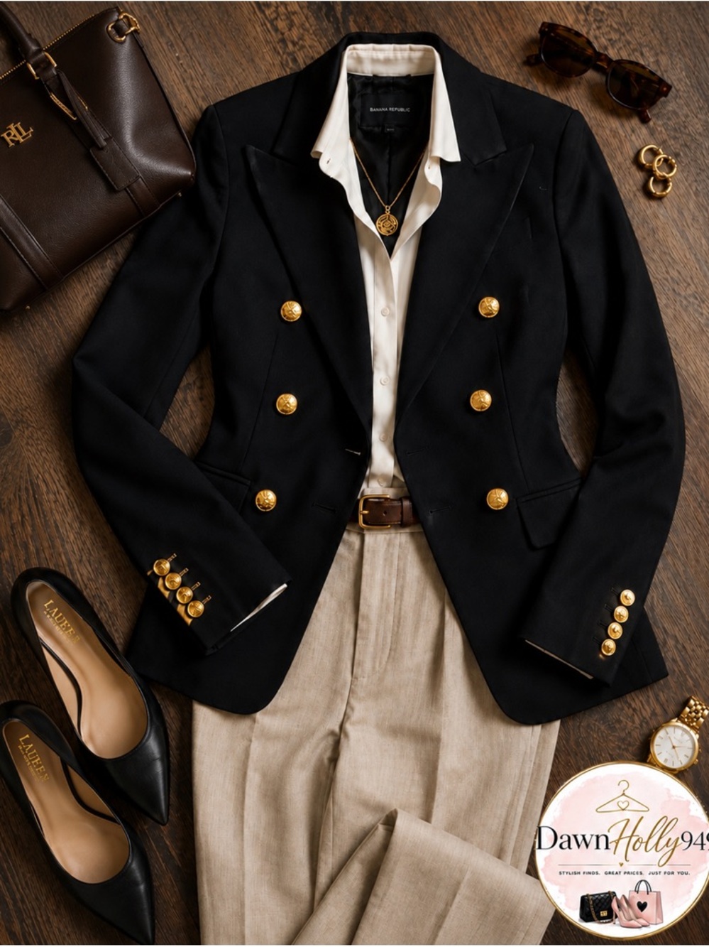 Banana Republic Black Double-Breasted Blazer with Gold-Tone Buttons